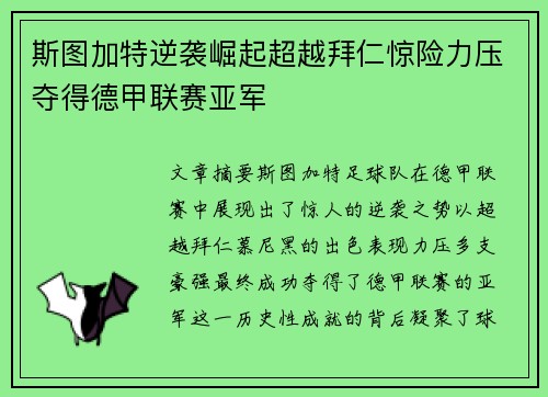 斯图加特逆袭崛起超越拜仁惊险力压夺得德甲联赛亚军